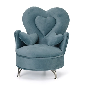 Mini heart-shaped velvet sofa jewelry box in blue with silver metal legs and heart pillows