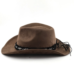 Detail of brown faux suede cowboy hat featuring a black and white checkered ribbon band