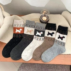 Five pairs of warm vintage Fair Isle wool socks with cute puppy patterns for autumn and winter