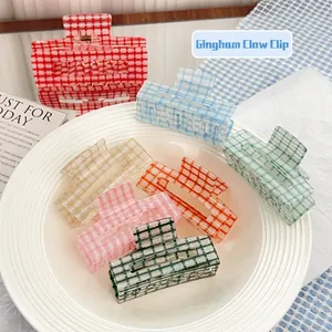 Checkerboard Pattern Hair Claw Clips Acrylic Plaid Shark Hair Catch Strong Hold Geometric Headwear For Women Girls Elegant