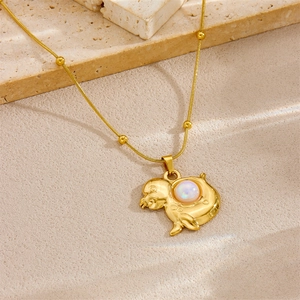 Charming gold-plated sea lion pendant necklace with white opal stone and beaded chain