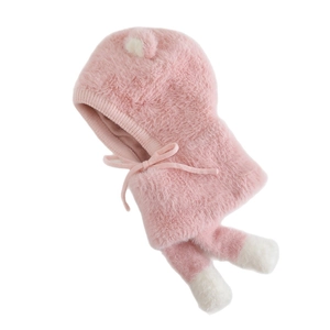Pink plush kids winter balaclava hood with cute bear ears and neck warmer scarf