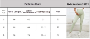 Detailed size chart for high-waisted maternity yoga leggings with model product display