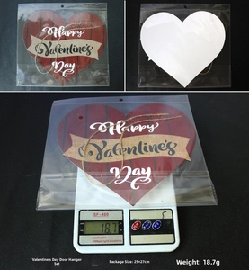 Detail view of heart-shaped Happy Valentine's Day wooden door sign with rope hanging