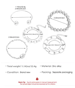 Detailed size chart for a 5-piece silver punk link chain and bead bracelet set in zinc alloy