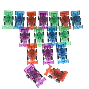 Overhead view of colorful transparent pull-back formula racing toy cars for kids