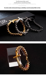 Detailed view of men's stainless steel box chain bracelets with cross pendants in three colors