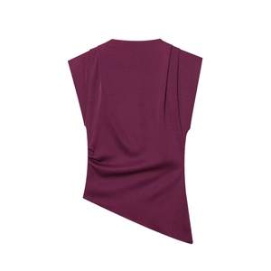 Burgundy sleeveless top with padded shoulders and asymmetrical pleated design for women