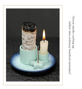 Ceramic sage and candle holder set with embossed blue tray and green textured base