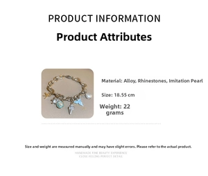 Detailed specs of the ocean charm bracelet featuring starfish, shells and pearls