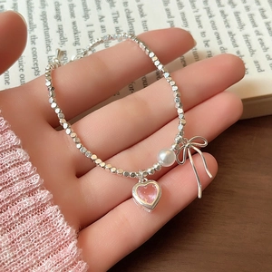 Künstliche Perlenarmband Mit Rosa Herz Zirkonia Und Silberner Schleife Für Damen Ästhetischer Süßer Schmuck