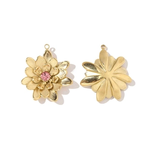 Detail of 3D daisy flower pendants in gold finish with pink rhinestone and back view