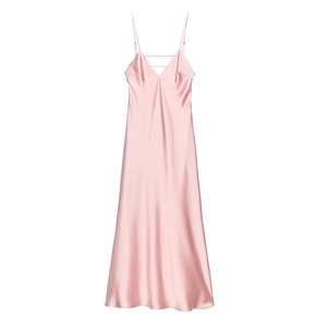 Elegante abito sottoveste in raso rosa con scollo a V e spalline incrociate estivo