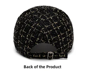 Vue arrière de la casquette en tweed avec fils dorés et boucle métallique réglable