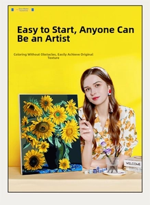 Detail of DIY paint by numbers kit featuring Van Gogh sunflowers with acrylic pigments