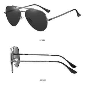 Dual view of aviator sunglasses with silver metal frame and intricate hollow-out temples