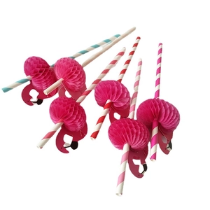 Biodegradable striped paper straws with pink 3D honeycomb flamingo party decorations