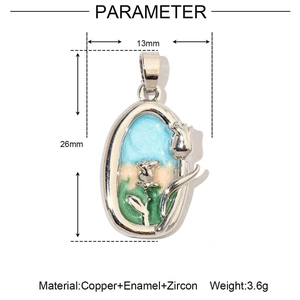 Detailed size chart for 18k gold flower pendant with enamel and zircon inlay