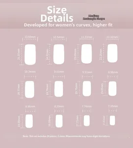 Detailed size chart for medium-long square press on nails showing 12 different width measurements