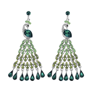 Elegant silver peacock tassel earrings with green crystals and sparkling rhinestones