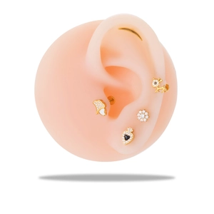 G23 titanium labret studs with zirconia set on a silicone ear model in golden finish