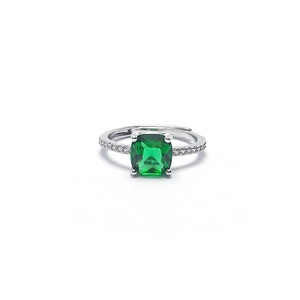 Elegant adjustable silver ring with green square gemstone and sparkling side stones