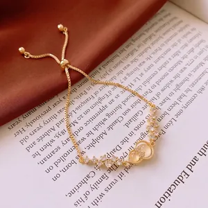 Gourd Bowknot Adjustable Bracelet Copper With Zircon And Cat Eye Stone Elegant Korean Style Fashion Jewelry For Women