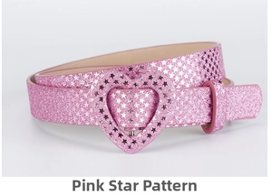 Detail of pink glitter children belt with star patterns and heart-shaped buckle