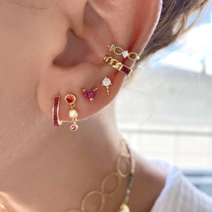 Elegant S925 silver needle gold stud earrings set with red heart gems and white zircons