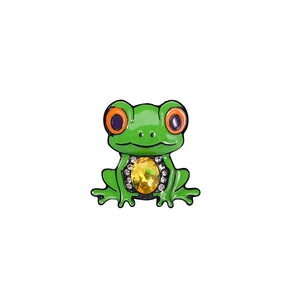 Cute green enamel frog brooch with yellow faceted gemstone and sparkling white crystals
