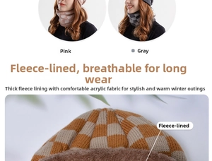Detailed view of winter knit beanie and neck warmer set with warm plush lining in pink and grey