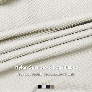 Close-up of ribbed high-waist yoga pants fabric showing vertical texture and stretch