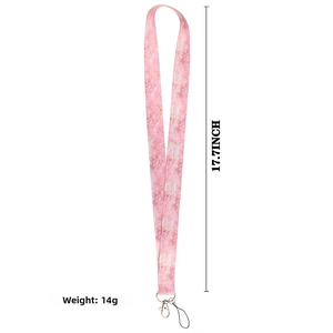 Pink marble pattern lanyard with silver lobster clasp showing 17.7 inch length and weight