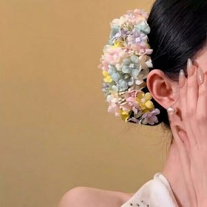 Elegant Chinese style floral hair pin in pastel colors with silk petals and pearl detail