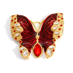 Exquisite 18K gold butterfly pendant with deep red enamel and sparkling crystals