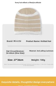 Size chart for winter knitted beanie made of anti-pilling sheep cashmere in striped beige