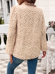 Detailed back view of beige lace hollow long-sleeve top with elegant ruffle stand collar