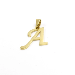 Macro view of gold-plated stainless steel letter A pendant with polished finish