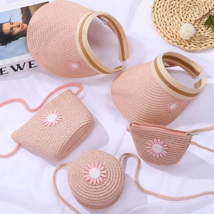 Pink straw sun hat and bags set with daisy flower appliques for girls summer vacation