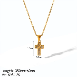 Gold stainless steel cross necklace with crystal pendant for women on white background