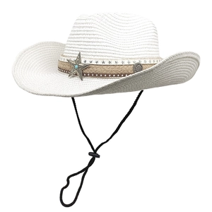 White woven western cowboy hat with metal star ornament and turquoise bead detail