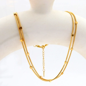 Double Layer Snake Chain Necklace Stainless Steel With Cube Beads 18K Gold Plated Retro Style For Women Adjustable