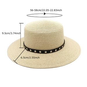 Chapeau de soleil en paille beige avec ruban noir à rivets et mesures de taille