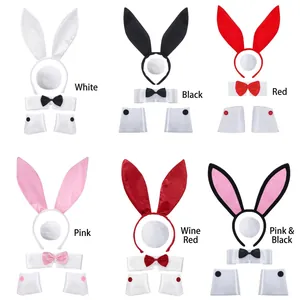 Satin rabbit ears headband with bow tie and cuffs set available in multiple colors