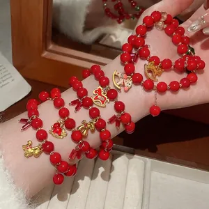 Alloy And Glass Red Beaded Bracelet With Horse Pendant Chinese Style Retro Women Lucky Charm Jewelry