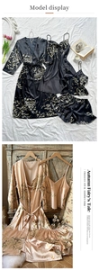 Vue détaillée de l'ensemble de pyjama en satin floral avec robe et caraco noir et champagne