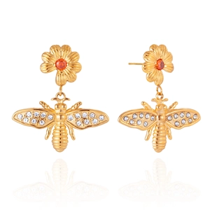 Boucles d'oreilles abeille et fleur dorées avec zircon rouge et cristaux brillants