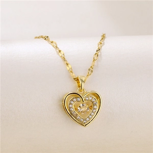 Double heart gold necklace with crystal inlay and polished wave chain for women