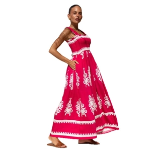 Floral print sleeveless red beach dress with ruffled bodice and decorative wavy straps
