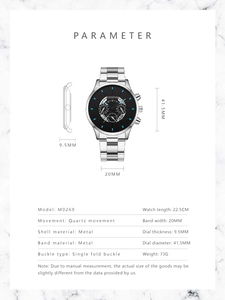Detailed technical specifications and dimensions of Geneva steel quartz watch for men